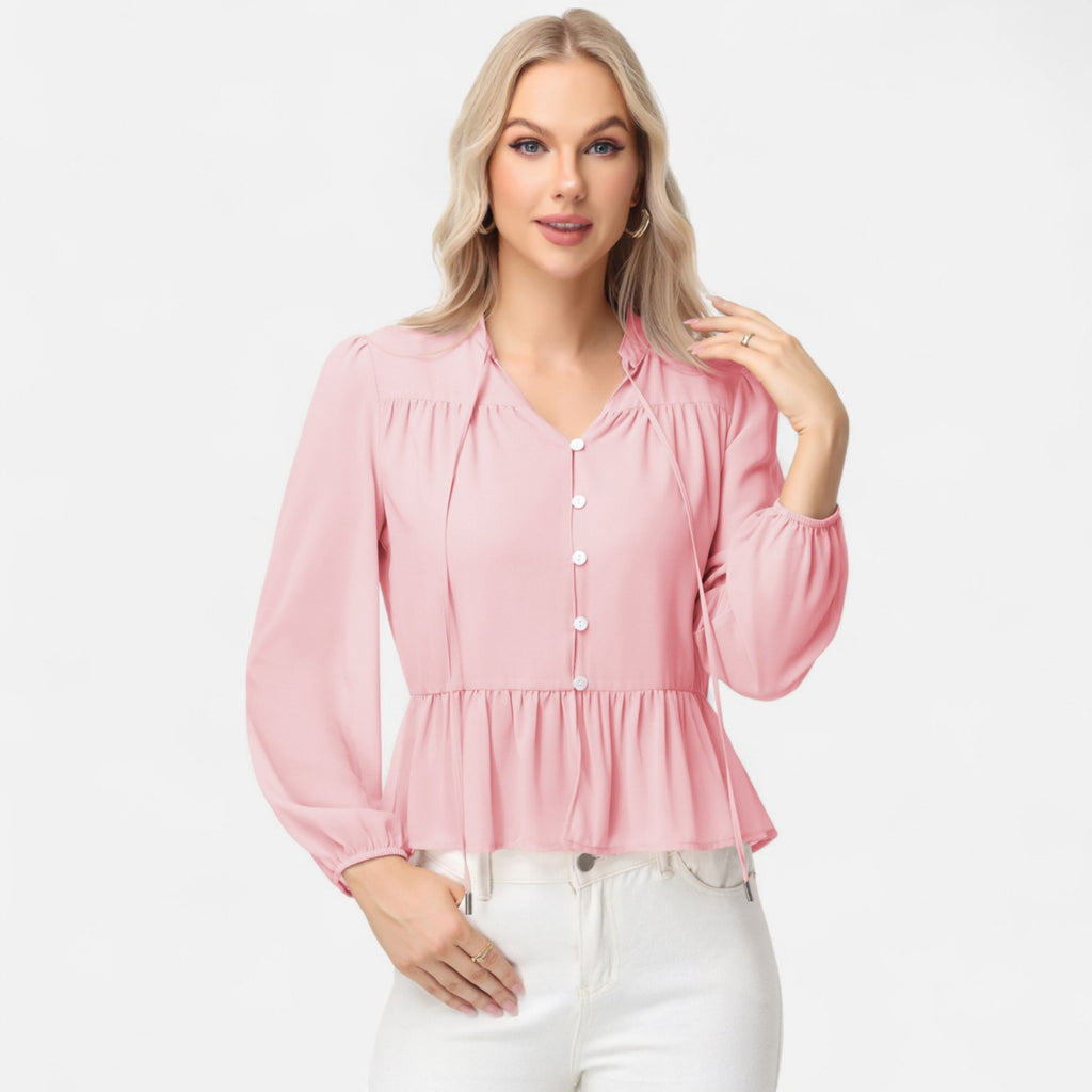 Anna-Kaci Women's Long Sleeve Button Front Peplum Blouse with V-Neckline and Gathered Waist Detail