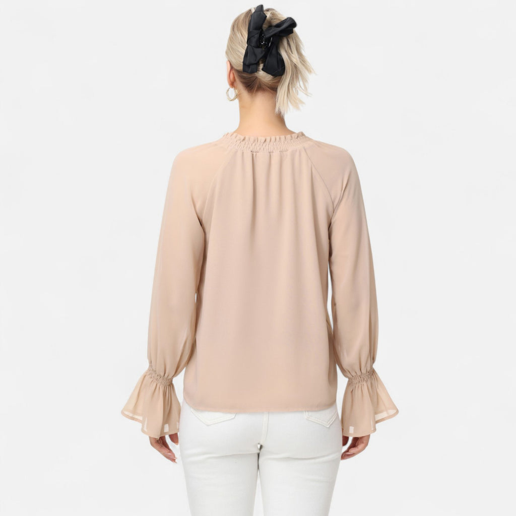 Anna-Kaci Women's Long Sleeve Blouse with Flounce Cuffs and Ruffle Trim Tie Neck Design