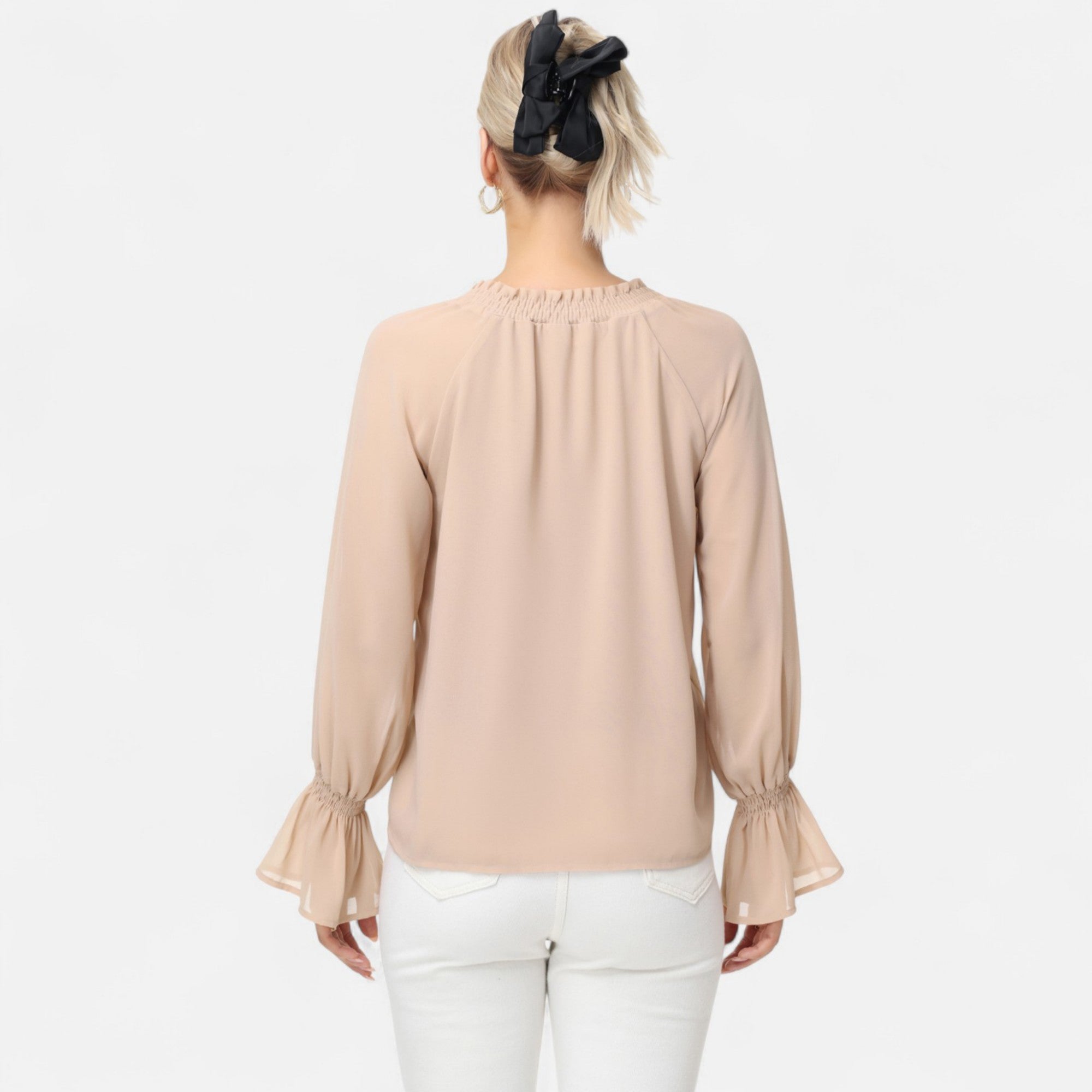 Anna-Kaci Women's Long Sleeve Blouse with Flounce Cuffs and Ruffle Trim Tie Neck Design