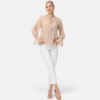 Anna-Kaci Women's Long Sleeve Blouse with Flounce Cuffs and Ruffle Trim Tie Neck Design