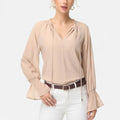 Anna-Kaci Women's Long Sleeve Blouse with Flounce Cuffs and Ruffle Trim Tie Neck Design