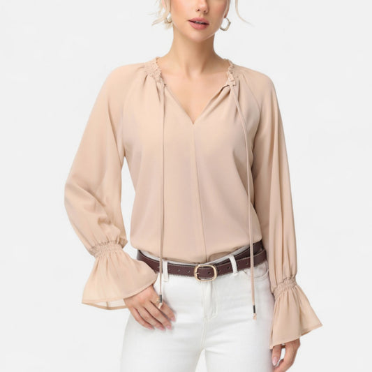 Anna-Kaci Women's Long Sleeve Blouse with Flounce Cuffs and Ruffle Trim Tie Neck Design