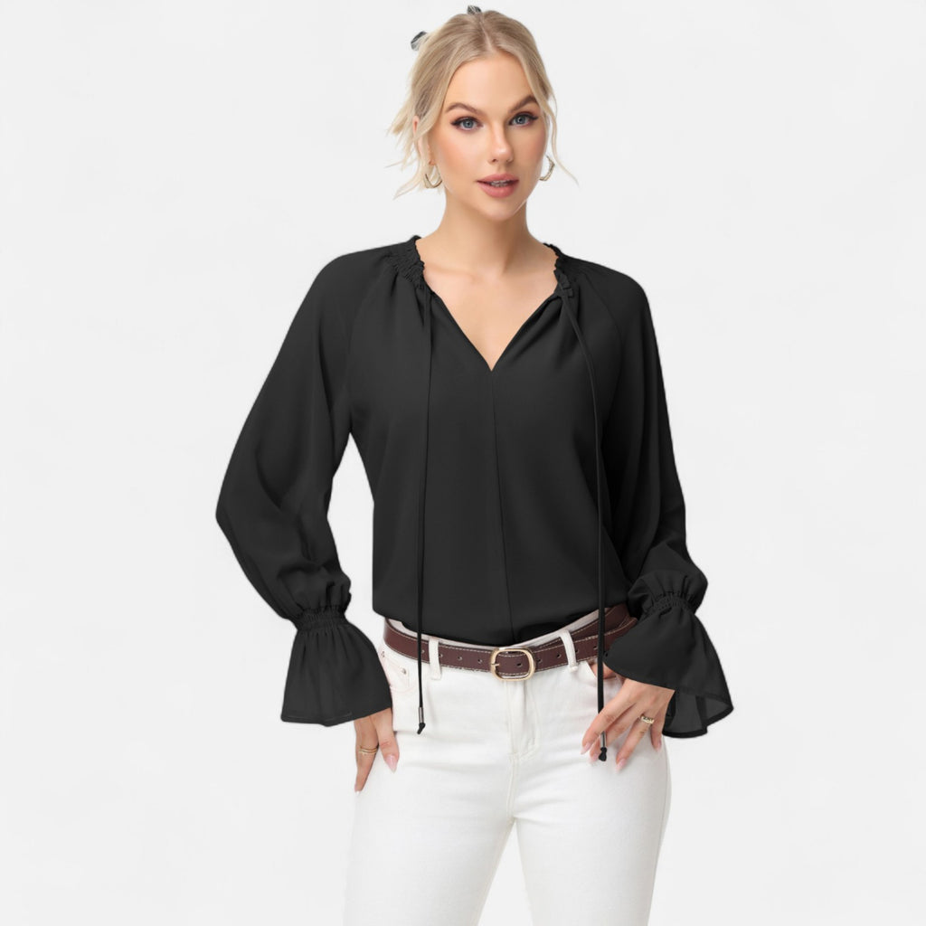 Anna-Kaci Women's Long Sleeve Blouse with Flounce Cuffs and Ruffle Trim Tie Neck Design