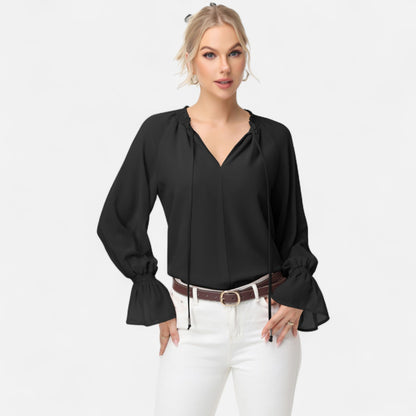 Anna-Kaci Women's Long Sleeve Blouse with Flounce Cuffs and Ruffle Trim Tie Neck Design