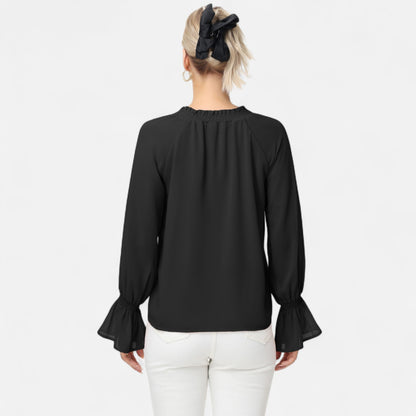 Anna-Kaci Women's Long Sleeve Blouse with Flounce Cuffs and Ruffle Trim Tie Neck Design