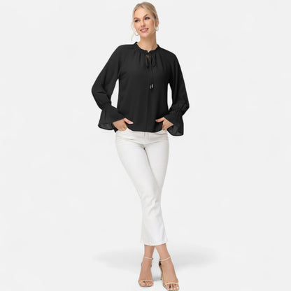 Anna-Kaci Women's Long Sleeve Blouse with Flounce Cuffs and Ruffle Trim Tie Neck Design