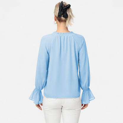 Anna-Kaci Women's Long Sleeve Blouse with Flounce Cuffs and Ruffle Trim Tie Neck Design