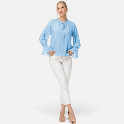 Anna-Kaci Women's Long Sleeve Blouse with Flounce Cuffs and Ruffle Trim Tie Neck Design