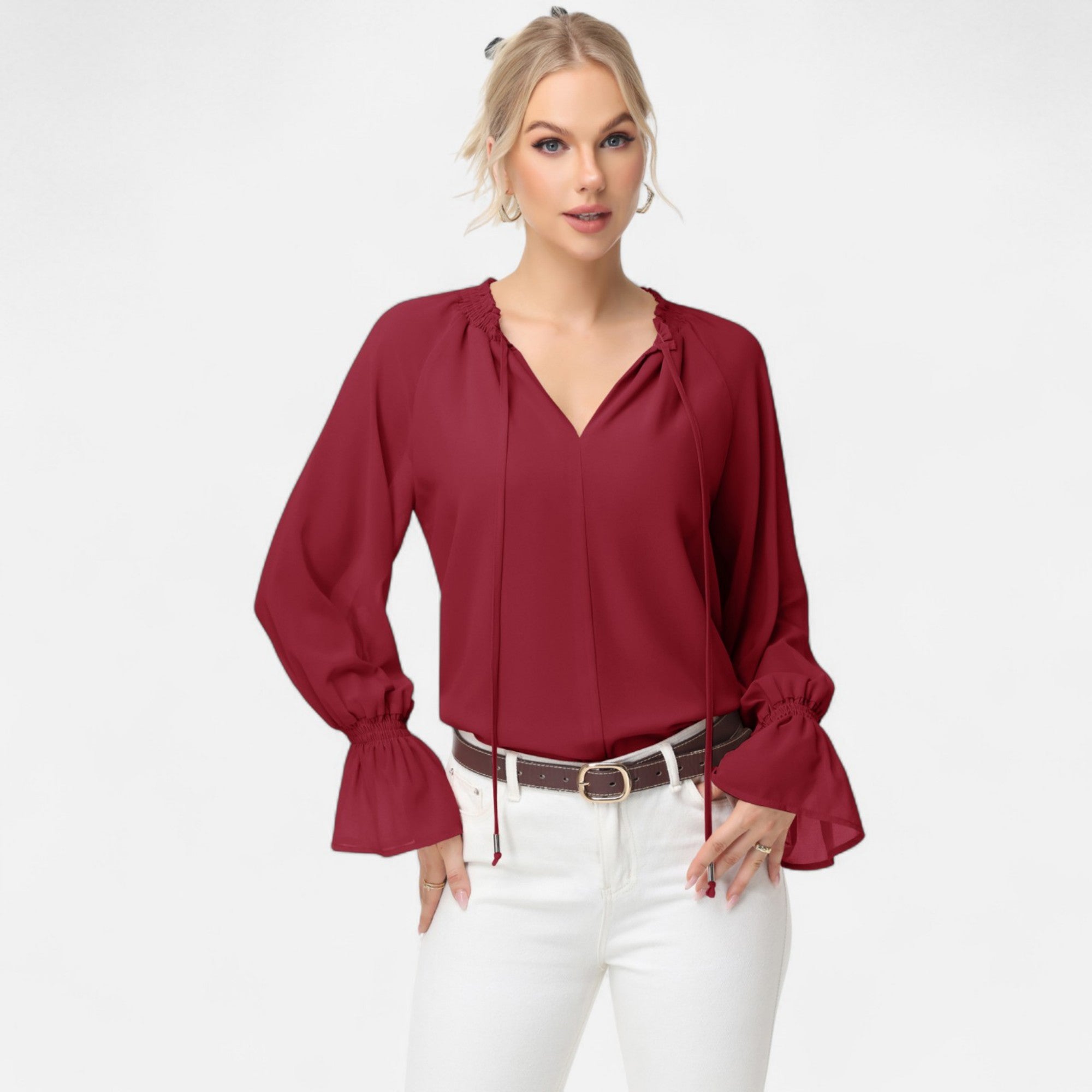 Anna-Kaci Women's Long Sleeve Blouse with Flounce Cuffs and Ruffle Trim Tie Neck Design