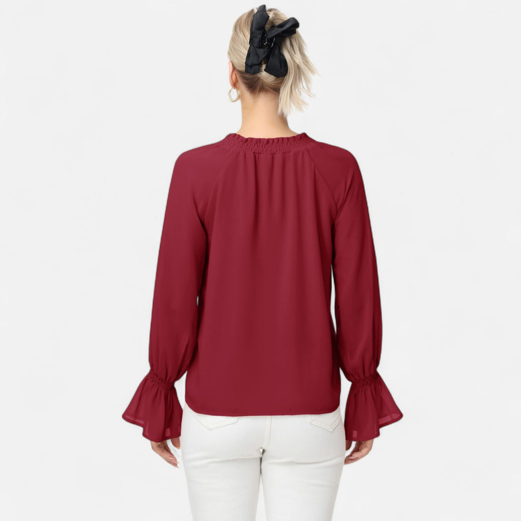 Anna-Kaci Women's Long Sleeve Blouse with Flounce Cuffs and Ruffle Trim Tie Neck Design