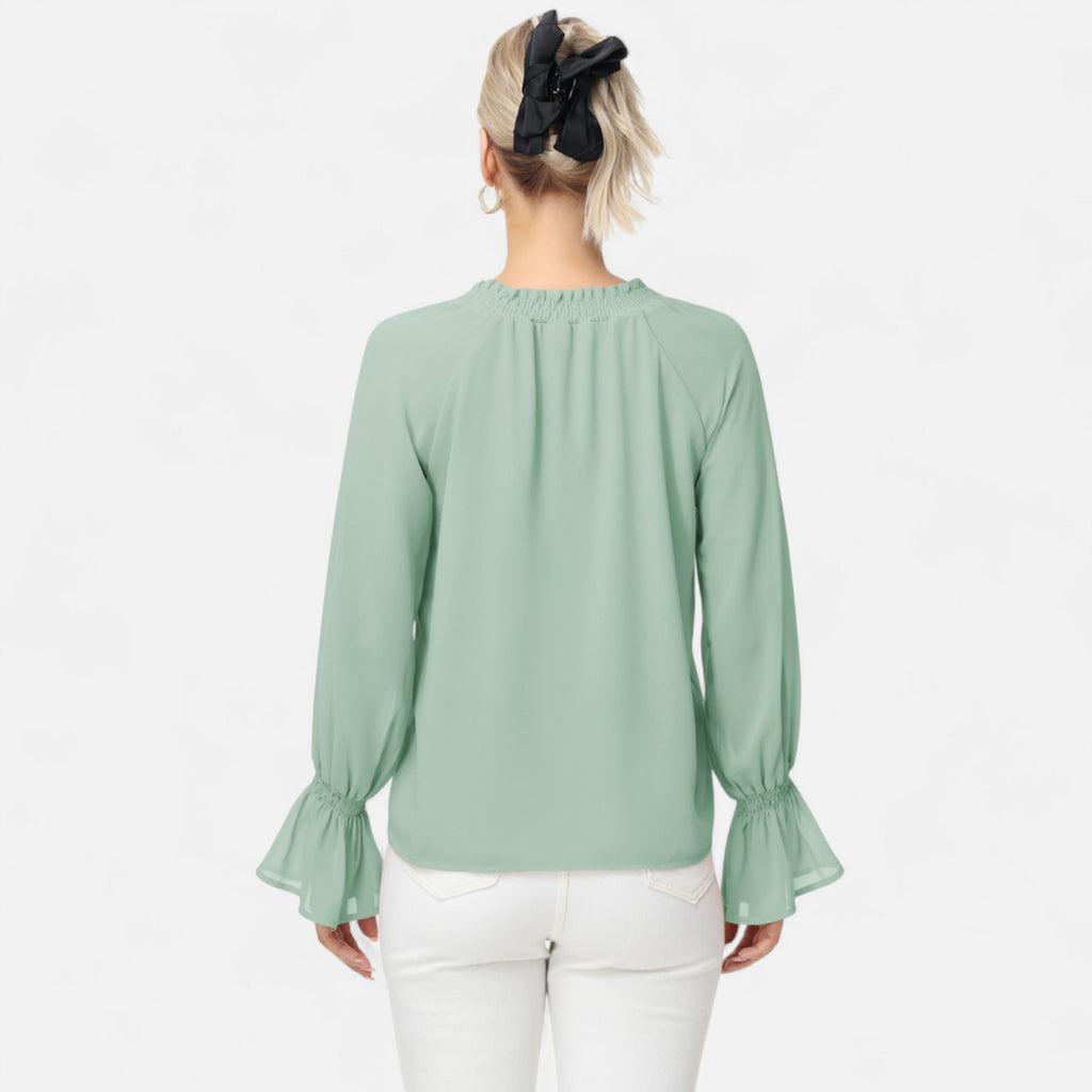 Anna-Kaci Women's Long Sleeve Blouse with Flounce Cuffs and Ruffle Trim Tie Neck Design