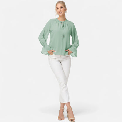 Anna-Kaci Women's Long Sleeve Blouse with Flounce Cuffs and Ruffle Trim Tie Neck Design