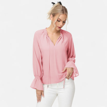 Anna-Kaci Women's Long Sleeve Blouse with Flounce Cuffs and Ruffle Trim Tie Neck Design