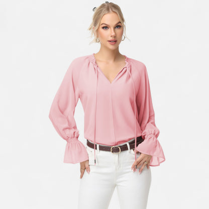 Anna-Kaci Women's Long Sleeve Blouse with Flounce Cuffs and Ruffle Trim Tie Neck Design