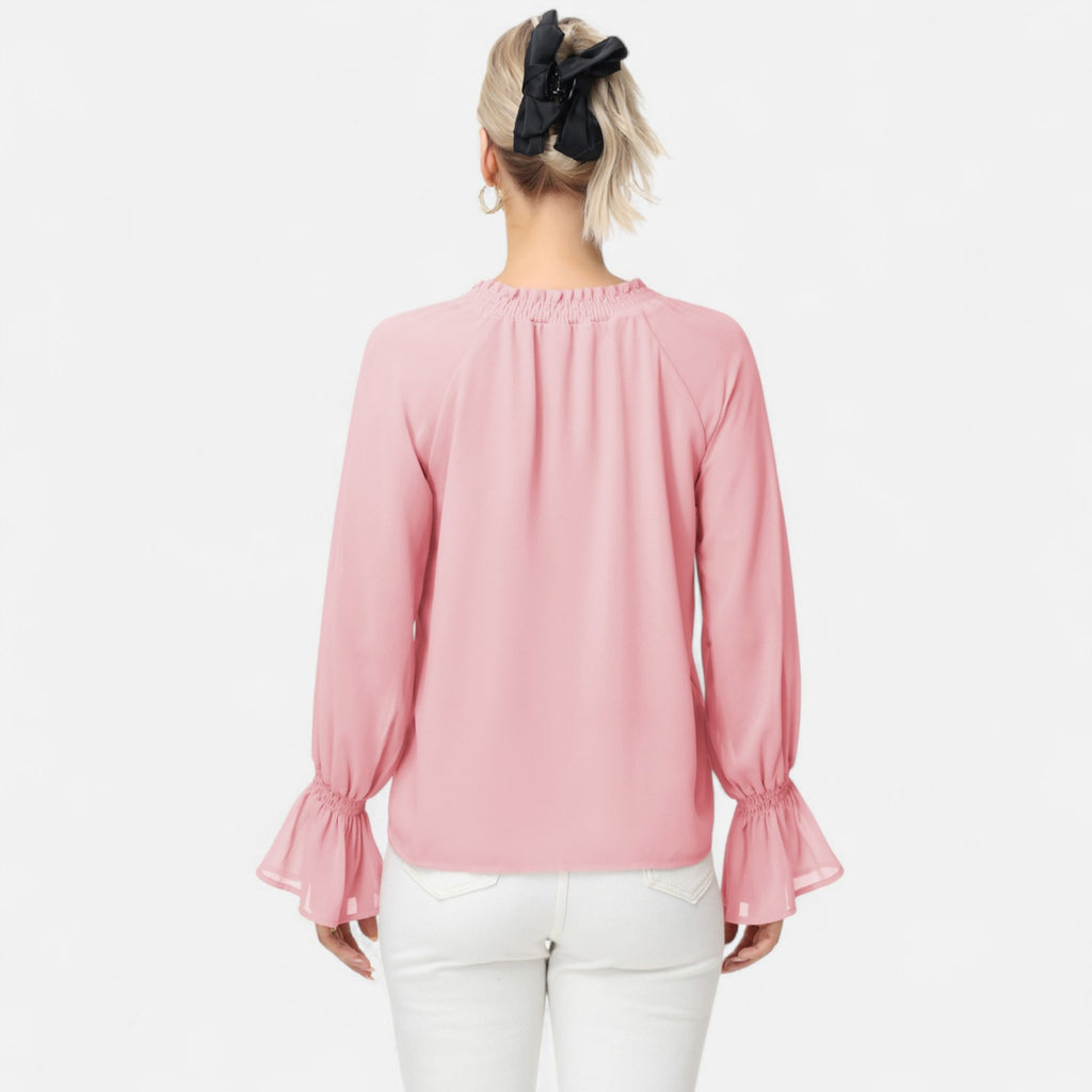 Anna-Kaci Women's Long Sleeve Blouse with Flounce Cuffs and Ruffle Trim Tie Neck Design