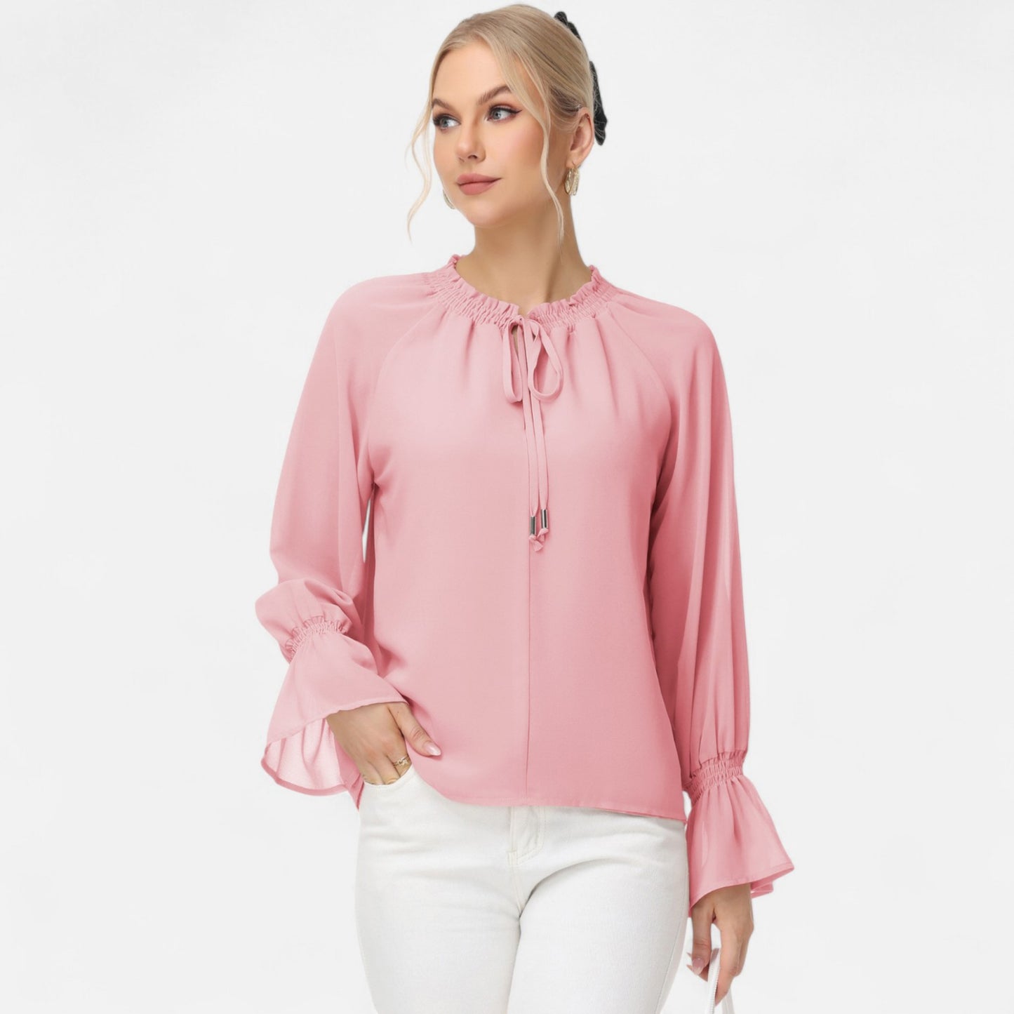 Anna-Kaci Women's Long Sleeve Blouse with Flounce Cuffs and Ruffle Trim Tie Neck Design