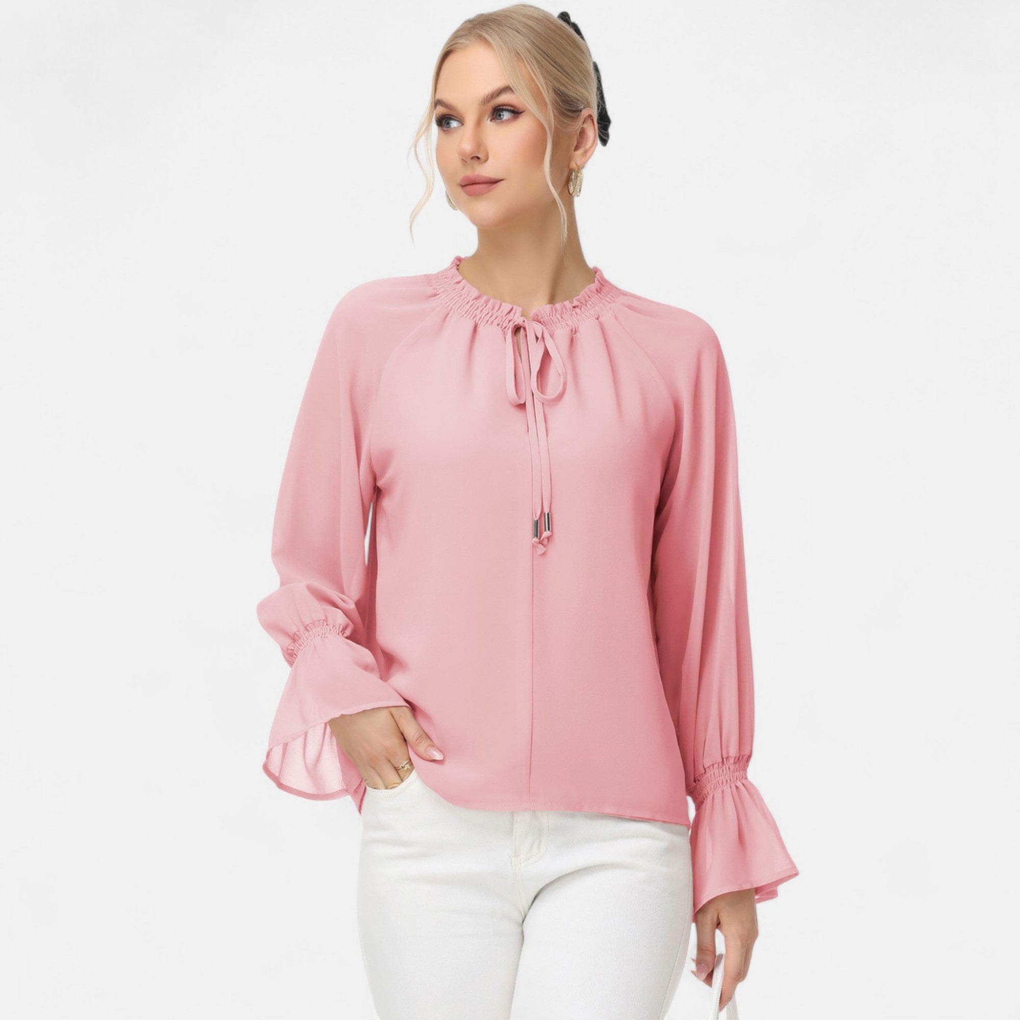 Anna-Kaci Women's Long Sleeve Blouse with Flounce Cuffs and Ruffle Trim Tie Neck Design