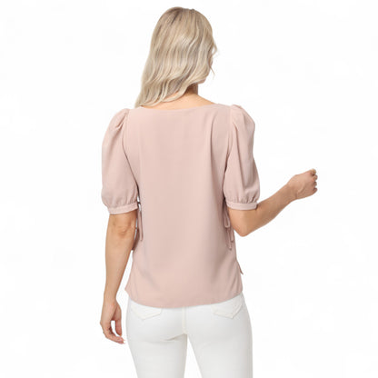 Anna-Kaci Women's Short Puff Sleeve Blouse with Scoop Neckline and Tie Cuff Detail for a Feminine Everyday Look