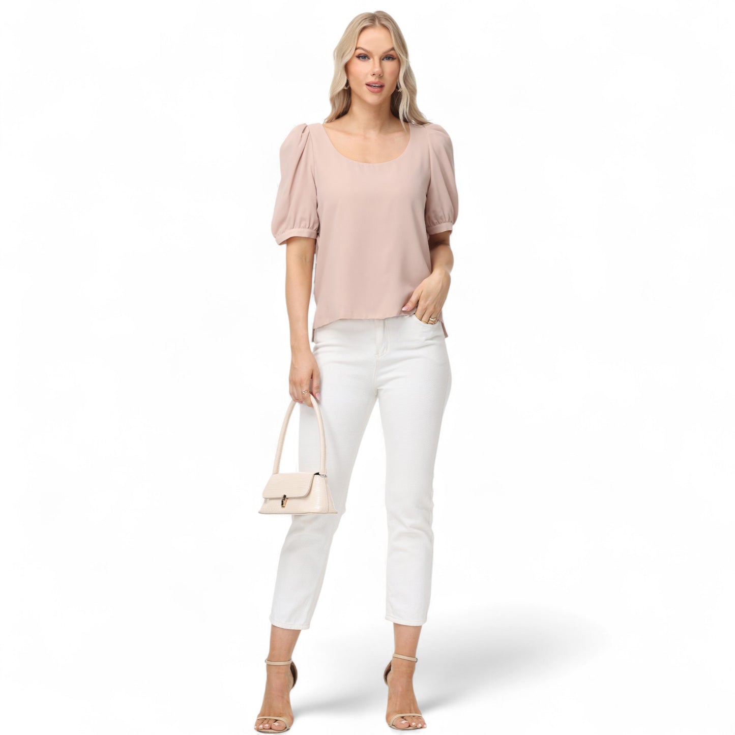 Anna-Kaci Women's Short Puff Sleeve Blouse with Scoop Neckline and Tie Cuff Detail for a Feminine Everyday Look