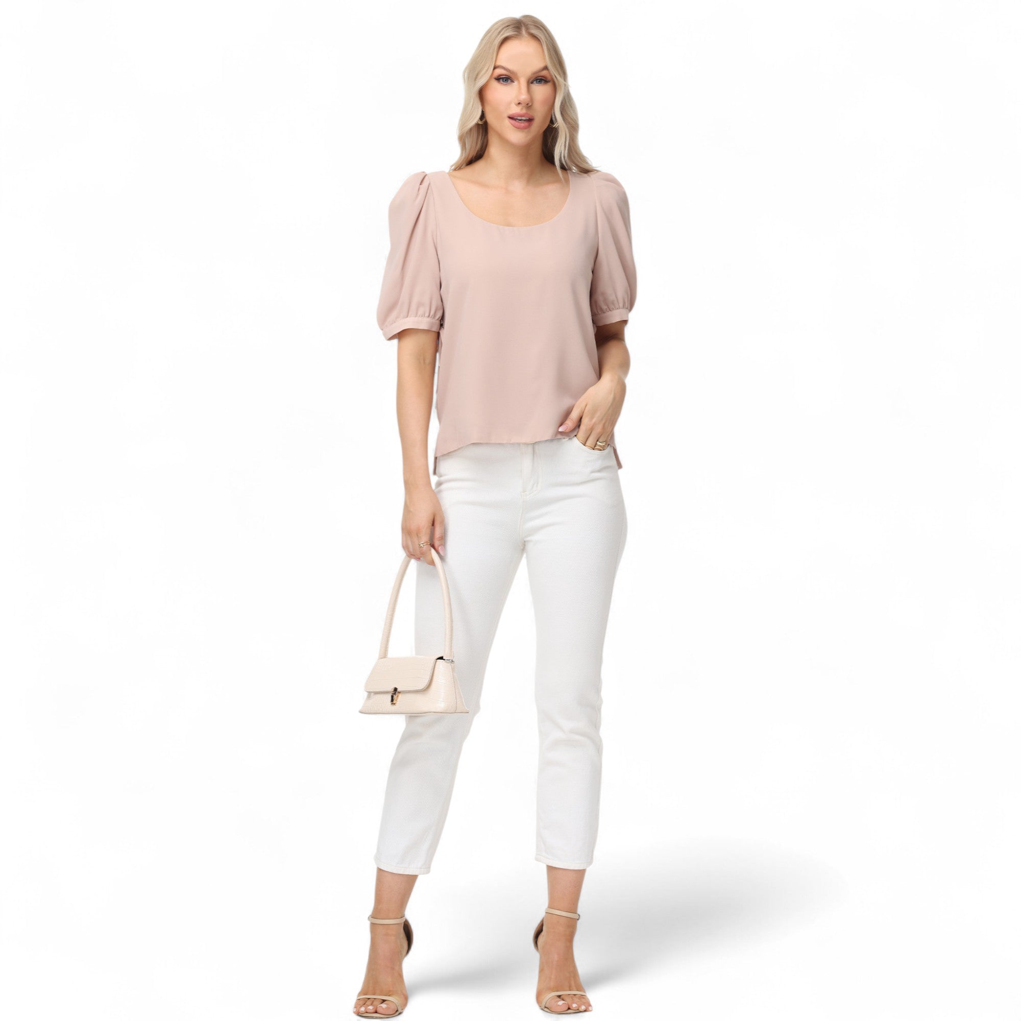Anna-Kaci Women's Short Puff Sleeve Blouse with Scoop Neckline and Tie Cuff Detail for a Feminine Everyday Look