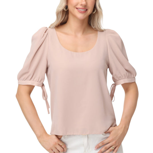 Anna-Kaci Women's Short Puff Sleeve Blouse with Scoop Neckline and Tie Cuff Detail for a Feminine Everyday Look