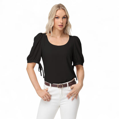 Anna-Kaci Women's Short Puff Sleeve Blouse with Scoop Neckline and Tie Cuff Detail for a Feminine Everyday Look