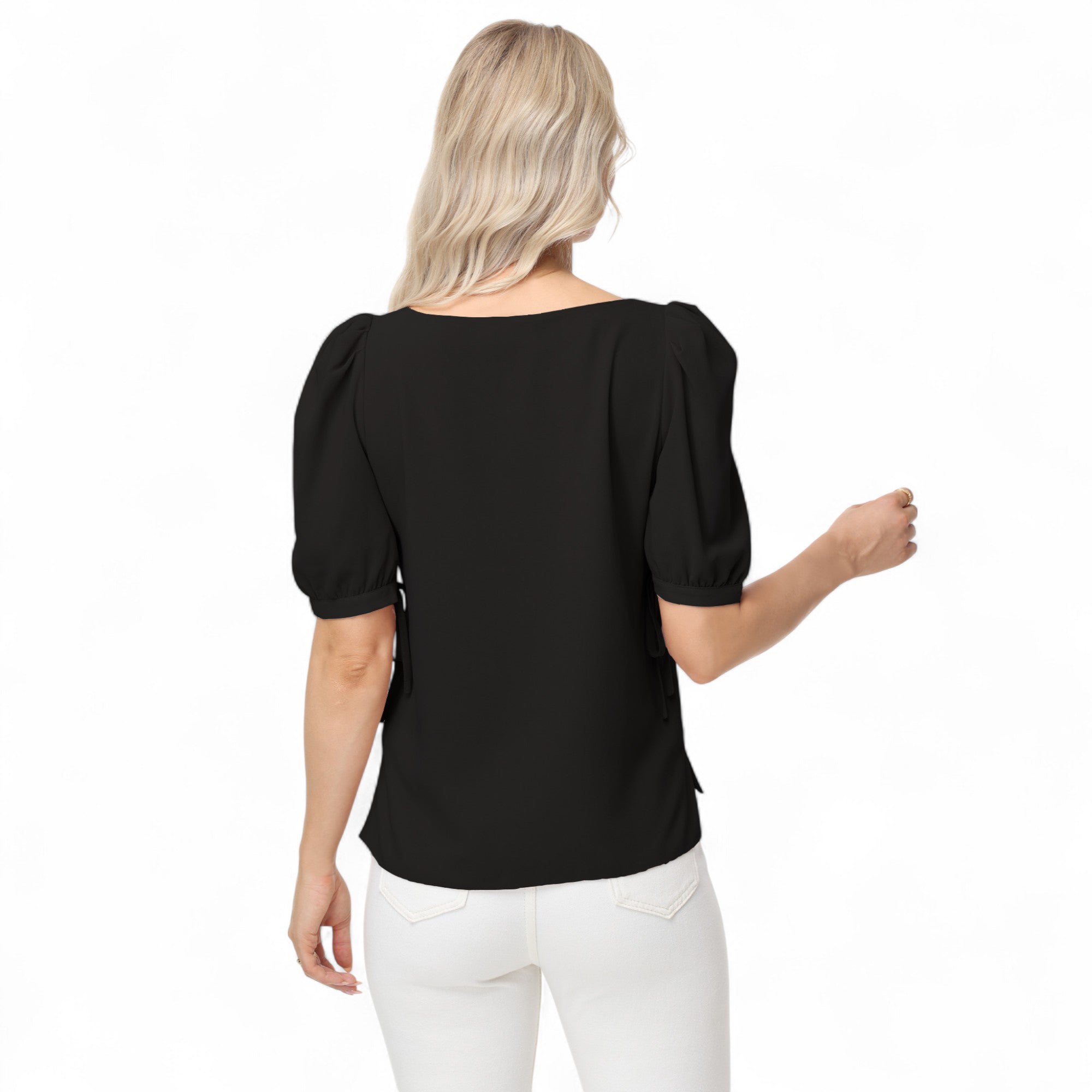 Anna-Kaci Women's Short Puff Sleeve Blouse with Scoop Neckline and Tie Cuff Detail for a Feminine Everyday Look