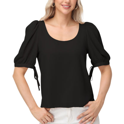 Anna-Kaci Women's Short Puff Sleeve Blouse with Scoop Neckline and Tie Cuff Detail for a Feminine Everyday Look