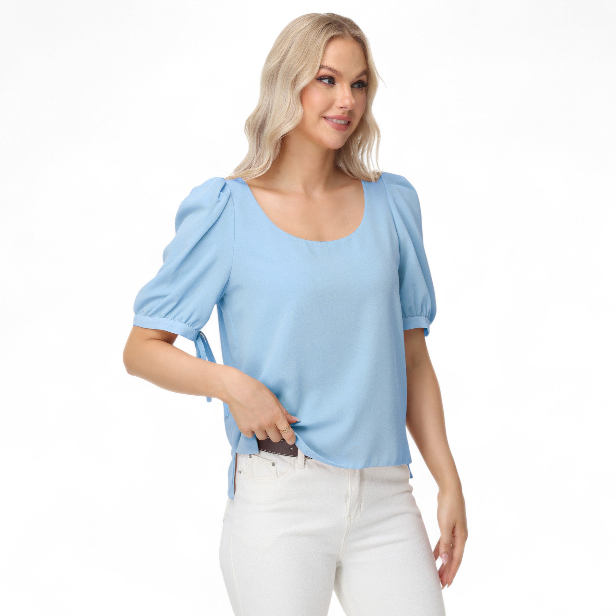 Anna-Kaci Women's Short Puff Sleeve Blouse with Scoop Neckline and Tie Cuff Detail for a Feminine Everyday Look