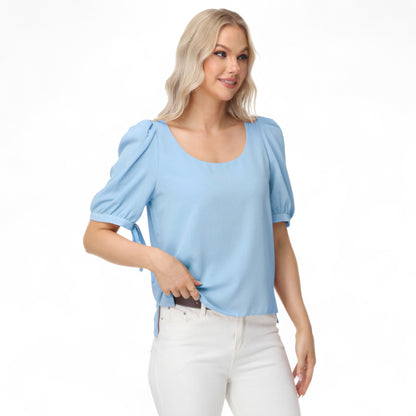 Anna-Kaci Women's Short Puff Sleeve Blouse with Scoop Neckline and Tie Cuff Detail for a Feminine Everyday Look