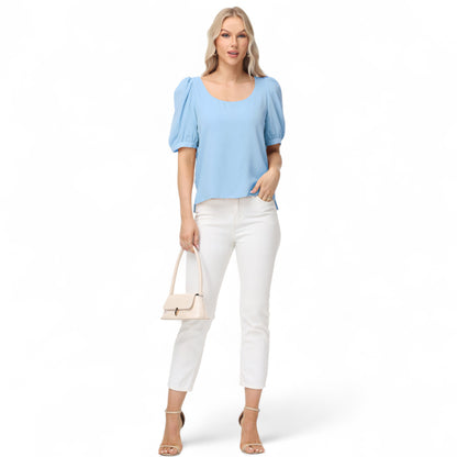 Anna-Kaci Women's Short Puff Sleeve Blouse with Scoop Neckline and Tie Cuff Detail for a Feminine Everyday Look