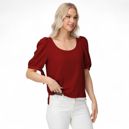 Anna-Kaci Women's Short Puff Sleeve Blouse with Scoop Neckline and Tie Cuff Detail for a Feminine Everyday Look