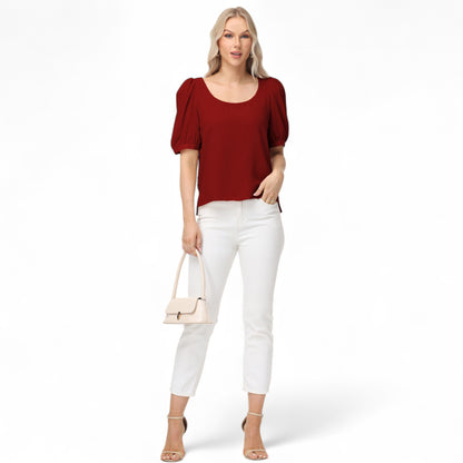 Anna-Kaci Women's Short Puff Sleeve Blouse with Scoop Neckline and Tie Cuff Detail for a Feminine Everyday Look