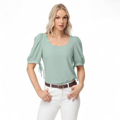Anna-Kaci Women's Short Puff Sleeve Blouse with Scoop Neckline and Tie Cuff Detail for a Feminine Everyday Look