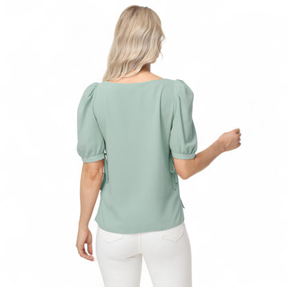 Anna-Kaci Women's Short Puff Sleeve Blouse with Scoop Neckline and Tie Cuff Detail for a Feminine Everyday Look