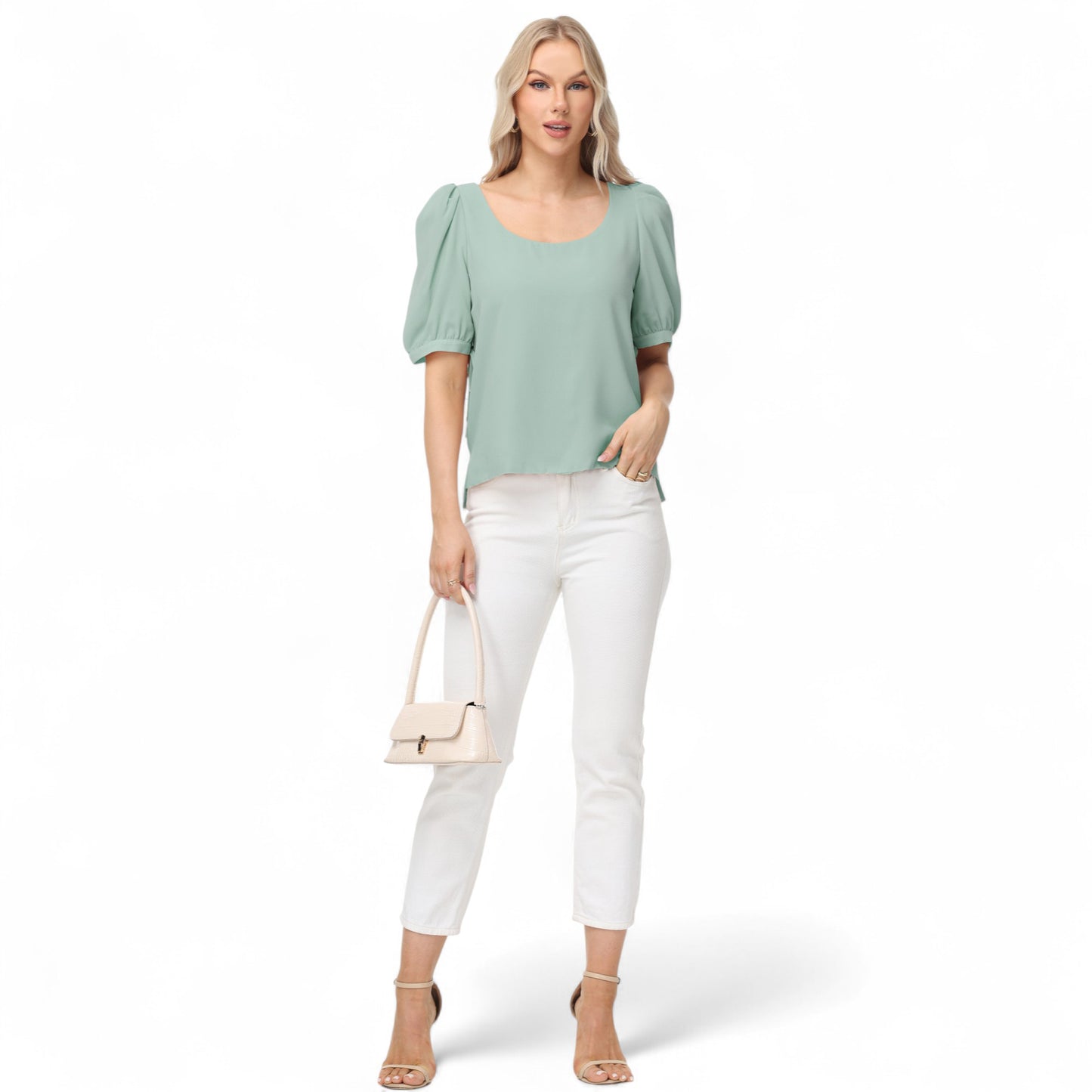 Anna-Kaci Women's Short Puff Sleeve Blouse with Scoop Neckline and Tie Cuff Detail for a Feminine Everyday Look