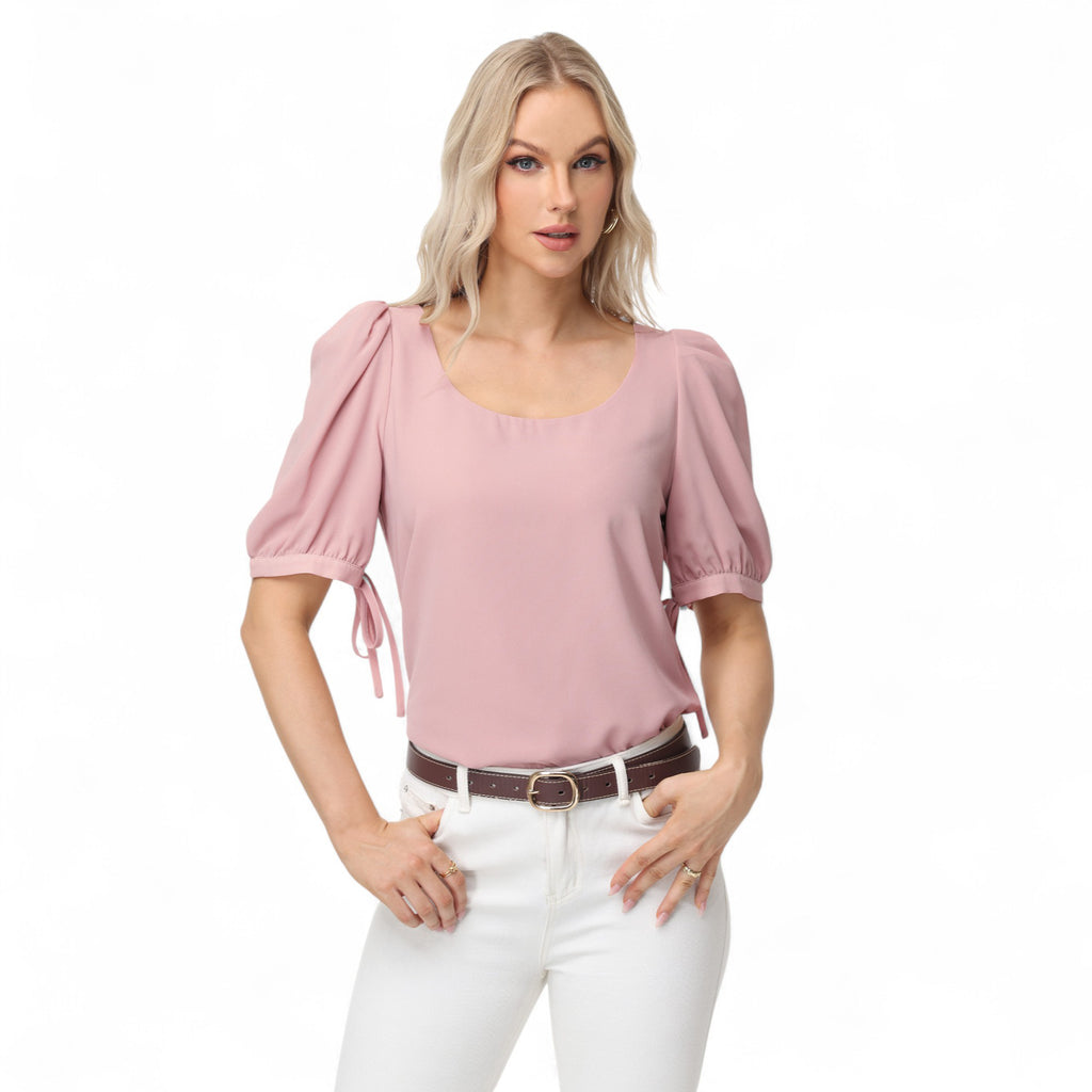 Anna-Kaci Women's Short Puff Sleeve Blouse with Scoop Neckline and Tie Cuff Detail for a Feminine Everyday Look