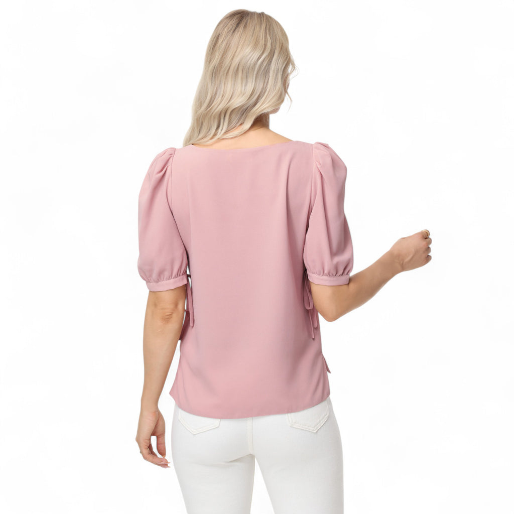 Anna-Kaci Women's Short Puff Sleeve Blouse with Scoop Neckline and Tie Cuff Detail for a Feminine Everyday Look