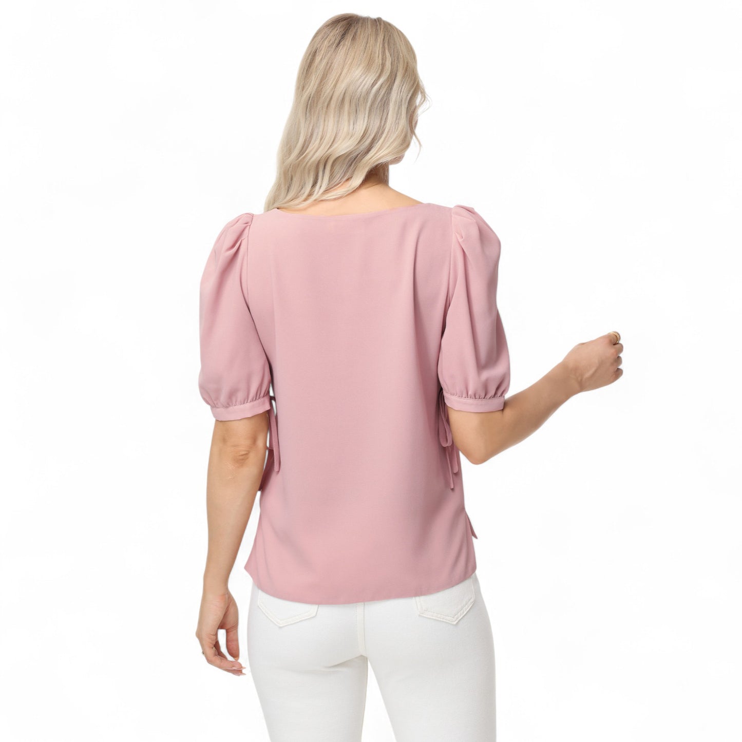 Anna-Kaci Women's Short Puff Sleeve Blouse with Scoop Neckline and Tie Cuff Detail for a Feminine Everyday Look