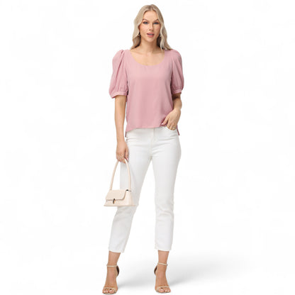 Anna-Kaci Women's Short Puff Sleeve Blouse with Scoop Neckline and Tie Cuff Detail for a Feminine Everyday Look