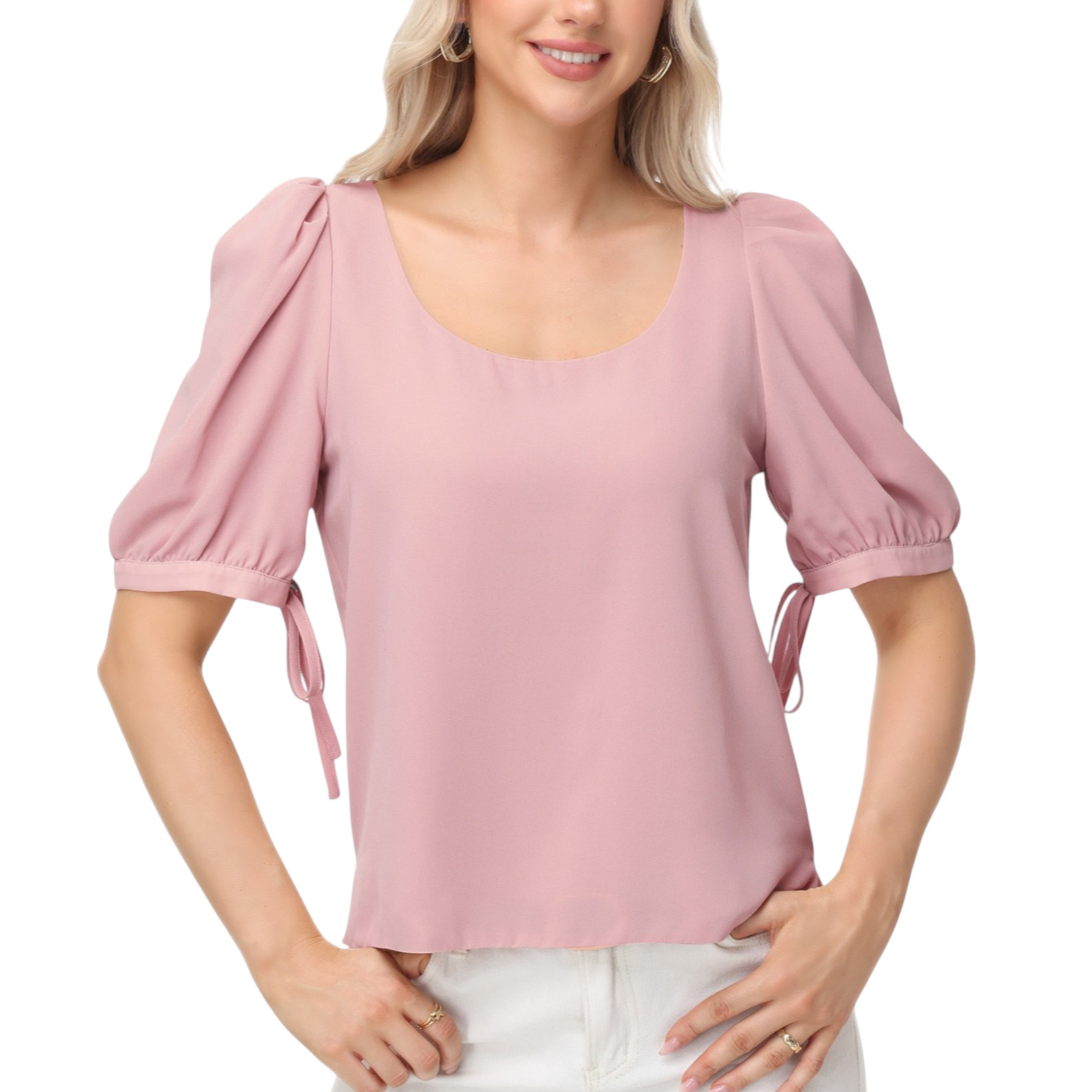 Anna-Kaci Women's Short Puff Sleeve Blouse with Scoop Neckline and Tie Cuff Detail for a Feminine Everyday Look