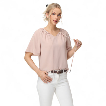 Anna-Kaci Women's Short Sleeve V-Neck Blouse with Gathered Shoulder Detail and Long Neck Tie Accent