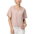 Anna-Kaci Women's Short Sleeve V-Neck Blouse with Gathered Shoulder Detail and Long Neck Tie Accent