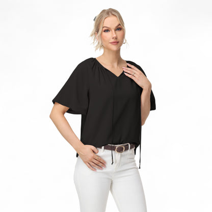 Anna-Kaci Women's Short Sleeve V-Neck Blouse with Gathered Shoulder Detail and Long Neck Tie Accent