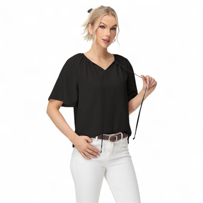 Anna-Kaci Women's Short Sleeve V-Neck Blouse with Gathered Shoulder Detail and Long Neck Tie Accent