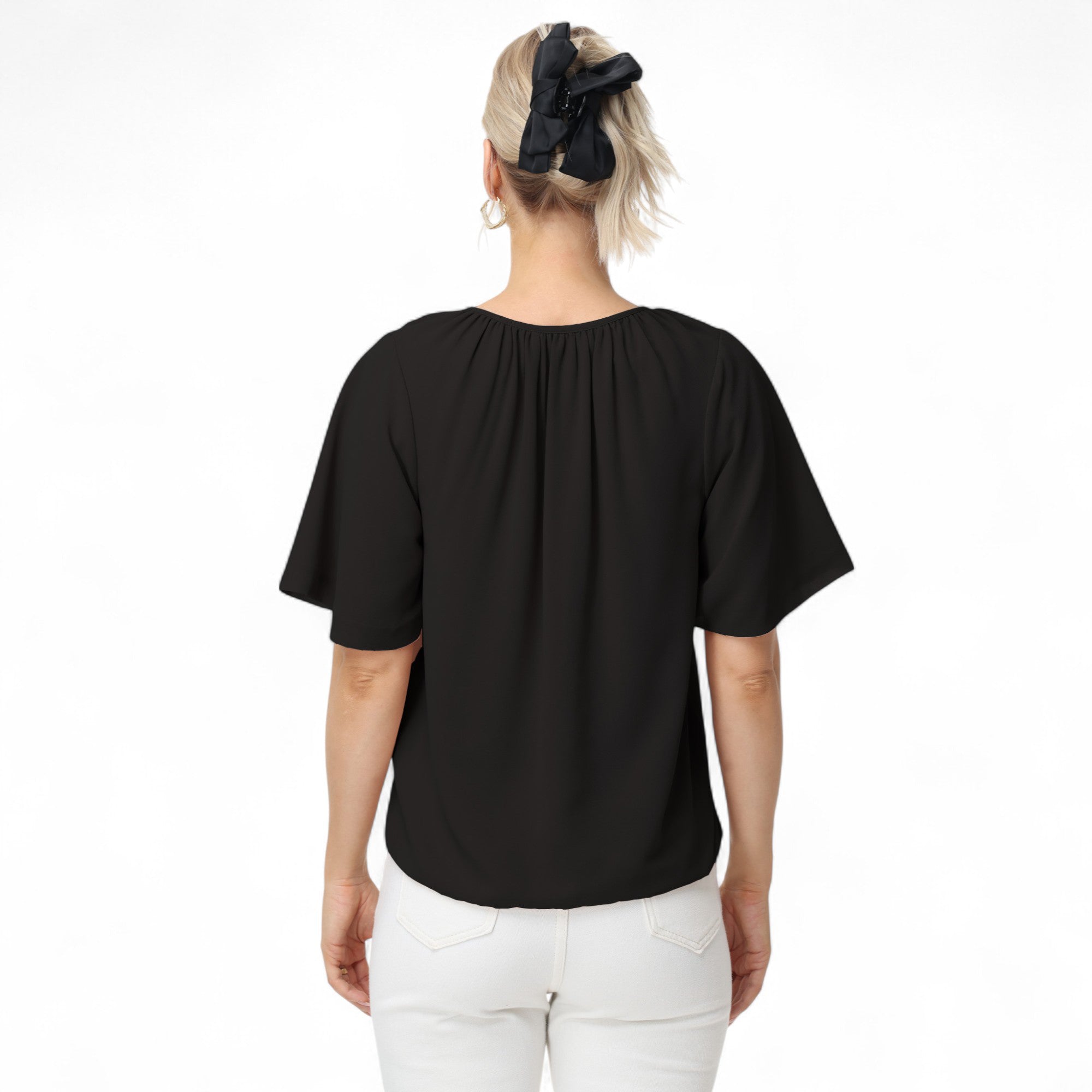 Anna-Kaci Women's Short Sleeve V-Neck Blouse with Gathered Shoulder Detail and Long Neck Tie Accent