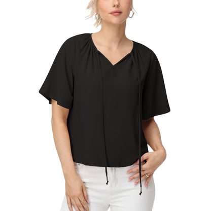 Anna-Kaci Women's Short Sleeve V-Neck Blouse with Gathered Shoulder Detail and Long Neck Tie Accent