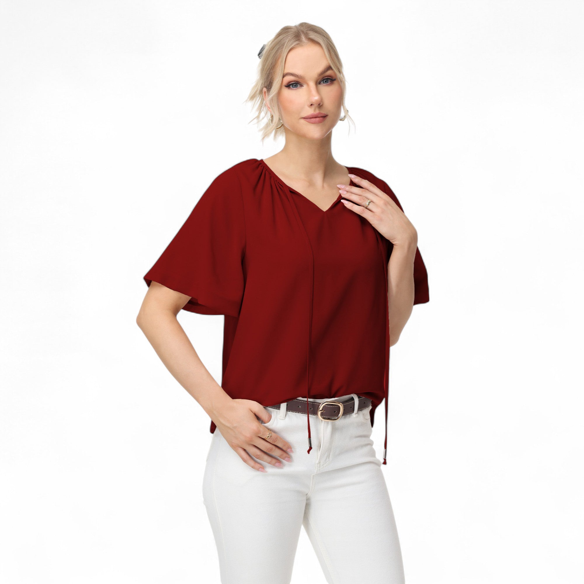 Anna-Kaci Women's Short Sleeve V-Neck Blouse with Gathered Shoulder Detail and Long Neck Tie Accent
