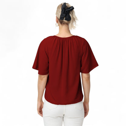 Anna-Kaci Women's Short Sleeve V-Neck Blouse with Gathered Shoulder Detail and Long Neck Tie Accent
