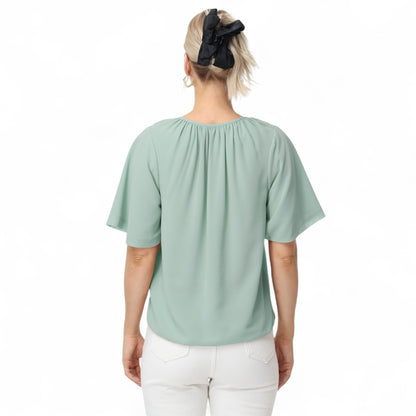 Anna-Kaci Women's Short Sleeve V-Neck Blouse with Gathered Shoulder Detail and Long Neck Tie Accent